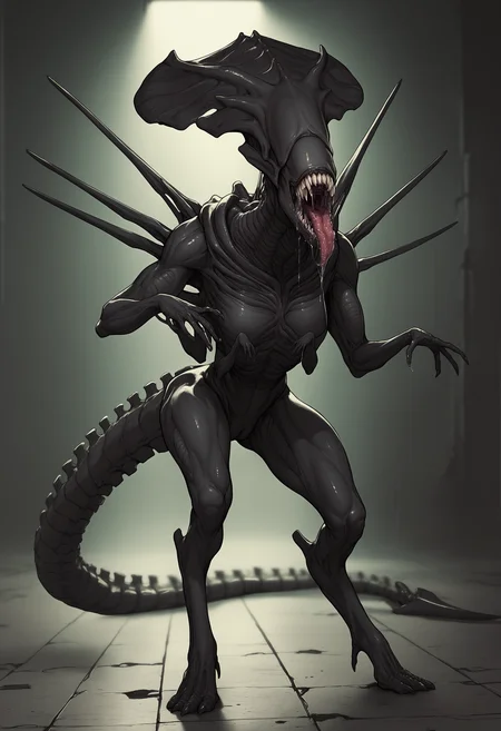 score_9, score_8_up, score_7_up, score_6_up, score_5_up, score_4_up, 1girl, <lora:XenomorphQueen:0.95> solo, teeth, sharp teeth, tongue, colored skin, muscular female, black skin, no eyes, tail, monster, saliva, drool, extra arms, standing,
dark factory background, concrete floor, blurry background,