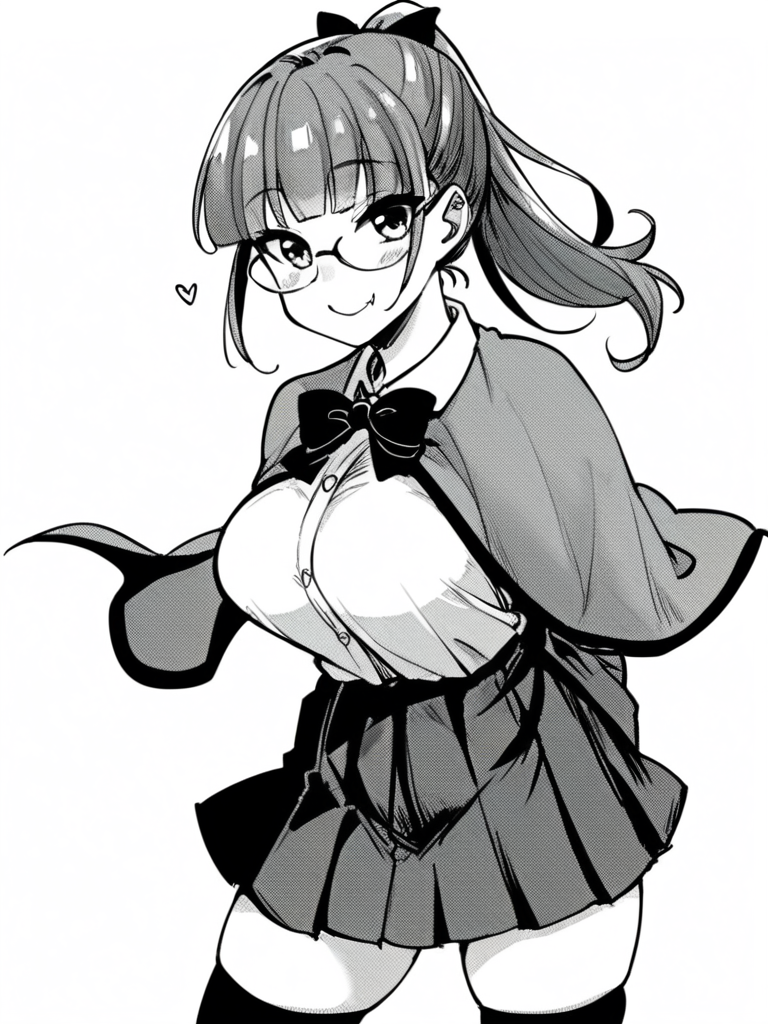 score_9, score_8_up, score_7_up,  
1girl, monochrome, kamona Chiaki, ponytail, grey hair, large breasts, glasses,

standing, smile, arms behind back, school uniform, long sleeves, cape, bowtie, pleated skirt, thighhighs, looking at viewer, closed mouth, fang, white background,