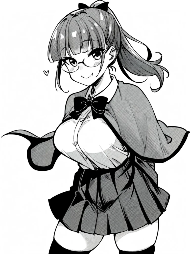 score_9, score_8_up, score_7_up,
1girl, monochrome, kamona Chiaki, ponytail, grey hair, large breasts, glasses,
standing, smile, arms behind back, school uniform, long sleeves, cape, bowtie, pleated skirt, thighhighs, looking at viewer, closed mouth, fang, white background,