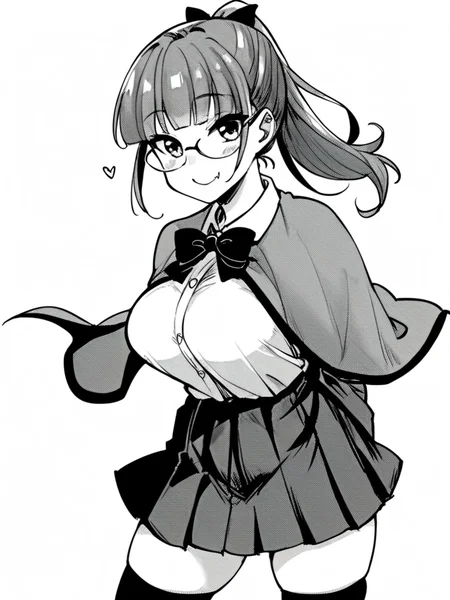 score_9, score_8_up, score_7_up,
1girl, monochrome, kamona Chiaki, ponytail, grey hair, large breasts, glasses,
standing, smile, arms behind back, school uniform, long sleeves, cape, bowtie, pleated skirt, thighhighs, looking at viewer, closed mouth, fang, white background,