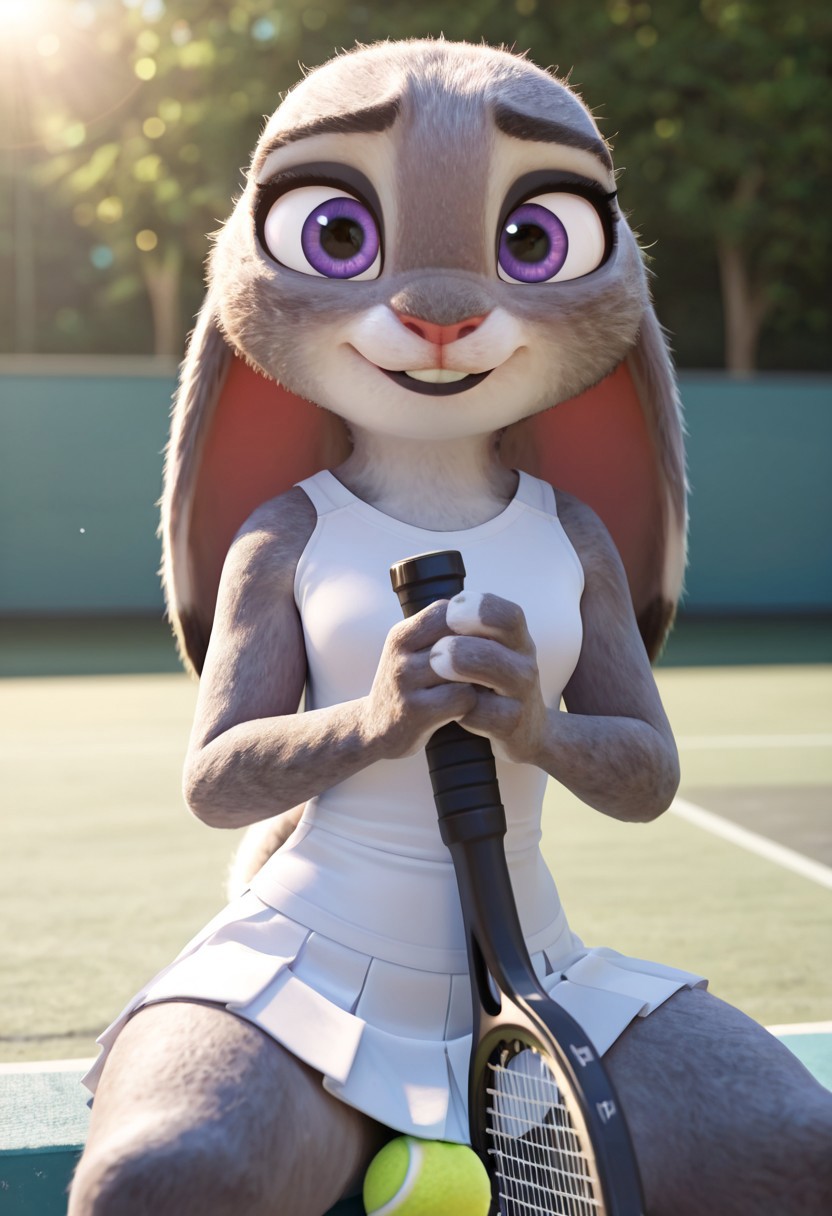 masterpiece, best quality, absurdres, highres, high quality, highly detailed, amazing quality, detailed background, 3d, photorealistic, (bokeh:1.3), official art, Hoovesart, 3d, gloss_(hotglossed), 
solo, (shortstack:1.5), JudyHopps, solo, furry female, rabbit girl, rabbit ears,( ears down:1.5), ,solo,furry female,rabbit girl,rabbit ears,purple eyes,animal nose,body fur,two-tone fur,grey fur,white fur,rabbit tail, small breasts, wide hips, black eyeshadow, black lipstick, two-tone fur, grey fur, white fur, rabbit tail, close-up, cowboy shot, 
tennis uniform, tennis racket, tennis ball, holding, pleated skirt, white skirt, excited, happy, looking at viewer, front view, sitting, spread legs, legs bent, holding tennis racket in both hands, tennis ball between legs, , , , outdoors, tennis court, well-lit, fill light, (close-up:1.5), closeup,