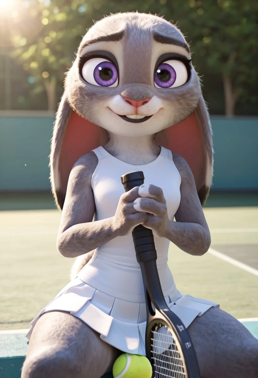 masterpiece, best quality, absurdres, highres, high quality, highly detailed, amazing quality, detailed background, 3d, photorealistic, (bokeh:1.3), official art, Hoovesart, 3d, gloss_(hotglossed), 
solo, (shortstack:1.5), JudyHopps, solo, furry female, rabbit girl, rabbit ears,( ears down:1.5), ,solo,furry female,rabbit girl,rabbit ears,purple eyes,animal nose,body fur,two-tone fur,grey fur,white fur,rabbit tail, small breasts, wide hips, black eyeshadow, black lipstick, two-tone fur, grey fur, white fur, rabbit tail, close-up, cowboy shot, 
tennis uniform, tennis racket, tennis ball, holding, pleated skirt, white skirt, excited, happy, looking at viewer, front view, sitting, spread legs, legs bent, holding tennis racket in both hands, tennis ball between legs, , , , outdoors, tennis court, well-lit, fill light, (close-up:1.5), closeup,