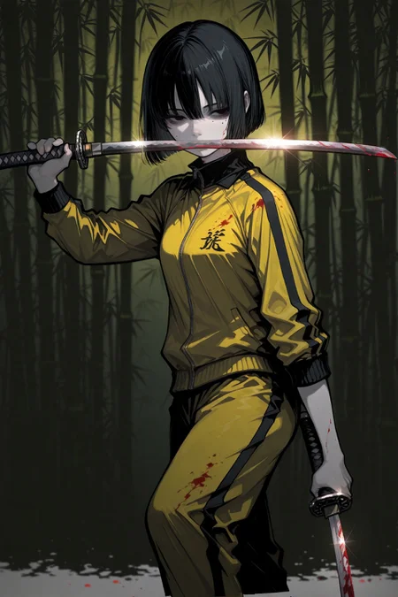 1girl, solo, black hair, bob cut, hair between eyes, solid black eyes, detailed eyes, looking to the side, mole under eye, expressionless, pale skin, standing, holding katana, glint, two-handed, blood, blood on face, blood on clothes, track suit, blood on weapon, weapon focus, striped yellow jacket, blood stain, yellow jumpsuit, upper body, spot color, bamboo background, blurry background, no lineart, no outline, blending, r17329_illu,Sinozick_illu,