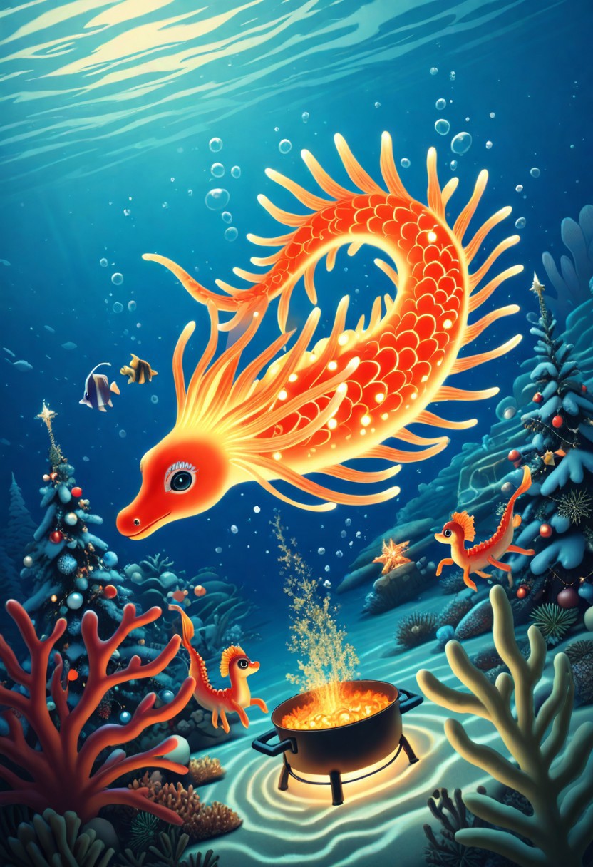 Seahorses, christmas animals, cooking, underwater, glowing corals, festive ambiance, bioluminescence, holiday theme, detailed, d2j3m0x