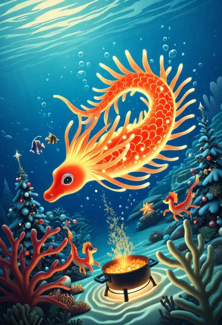 Seahorses, christmas animals, cooking, underwater, glowing corals, festive ambiance, bioluminescence, holiday theme, detailed, d2j3m0x