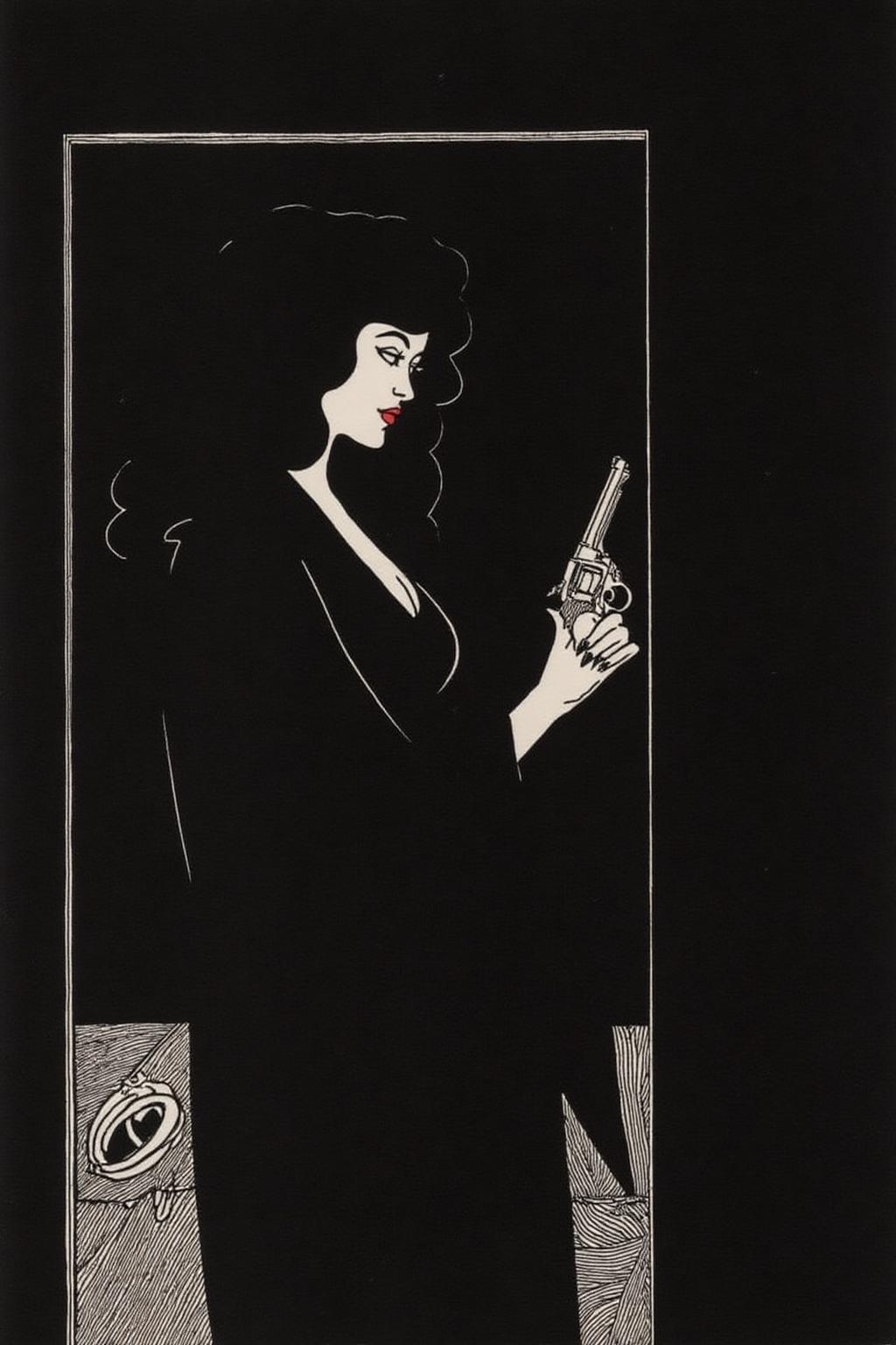 aubea1 illustration. a mysterious woman with dark, wavy hair and piercing eyes stands in the shadows of a dimly lit room. She is holding a small revolver with a delicate yet firm grip. Her red lipstick is the only color that stands out in the darkness, her intentions unclear but dangerous. <lora:aubea2_cap_d6a3:1.0><lora:823983944103059211:0>