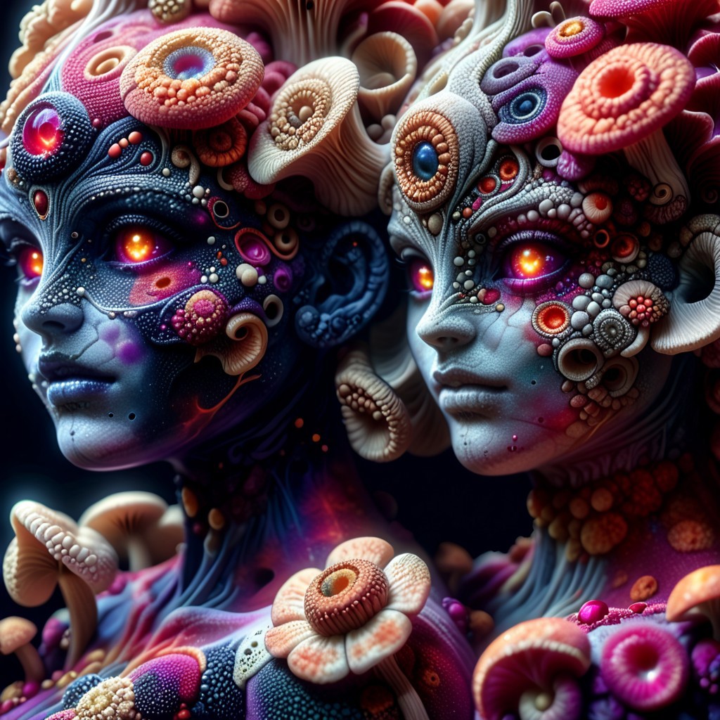 embedding:urn:air:sd1:embedding:civitai:530083@668135, fungal_world, multiple girls, wearing mushroom tights, magenta sclera, cosmic sea in eyes, veiny fungal skin, magenta bloody tears,PsychadelicChaos, (glossy, oily overlay)
