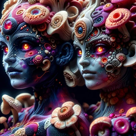 embedding:urn:air:sd1:embedding:civitai:530083@668135, fungal_world, multiple girls, wearing mushroom tights, magenta sclera, cosmic sea in eyes, veiny fungal skin, magenta bloody tears,PsychadelicChaos, (glossy, oily overlay)
