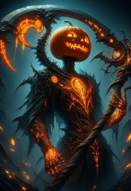 masterpiece, ultra high quality, UHD, HD,midjourneyv6.1, detailxl,
a man with a pumpkin head, wearing business clothes, holding a scythe , DonM5cy7h3XL , spooky, the scythe is covered in orange Glowing Runes