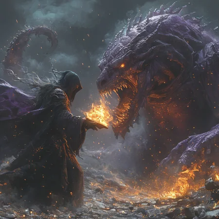 an action shot of a witch fighting a fantasy skeletal monster, purple magic, billowing black robe, necromancer raising skeletons, holding an orb evil magic, graveyard in background, flames, magic, Bosstyle, hkstyle, hkmagic, HD, masterpiece, best quality, hyper detailed, ultra detailed, super realistic