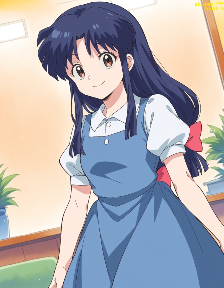 score_9, score_8_up, score_7_up, source_anime, <lora:akane-tendou-leak-ponyxl-lora-nochekaiser:1>, akane tendo, long hair, black hair, brown eyes, blue hair, sidelocks,, school uniform, pinafore dress, short sleeves, collared shirt, puffy sleeves, blue dress,, indoors, smile, looking at viewer, solo,, cowboy shot, dutch angle