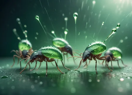 Microscopic photograph of mites caught in a drop of water, green colored sparks raining from above across a gradient background, brightly shining sparks, emitting green light, shallow depth of field volumetric lighting, cinematic, intricate detail, ultra-realistic, subsurface scattering, Photorealistic, Hyperrealistic, analog style, realistic, film photography, soft lighting, heavy shadow