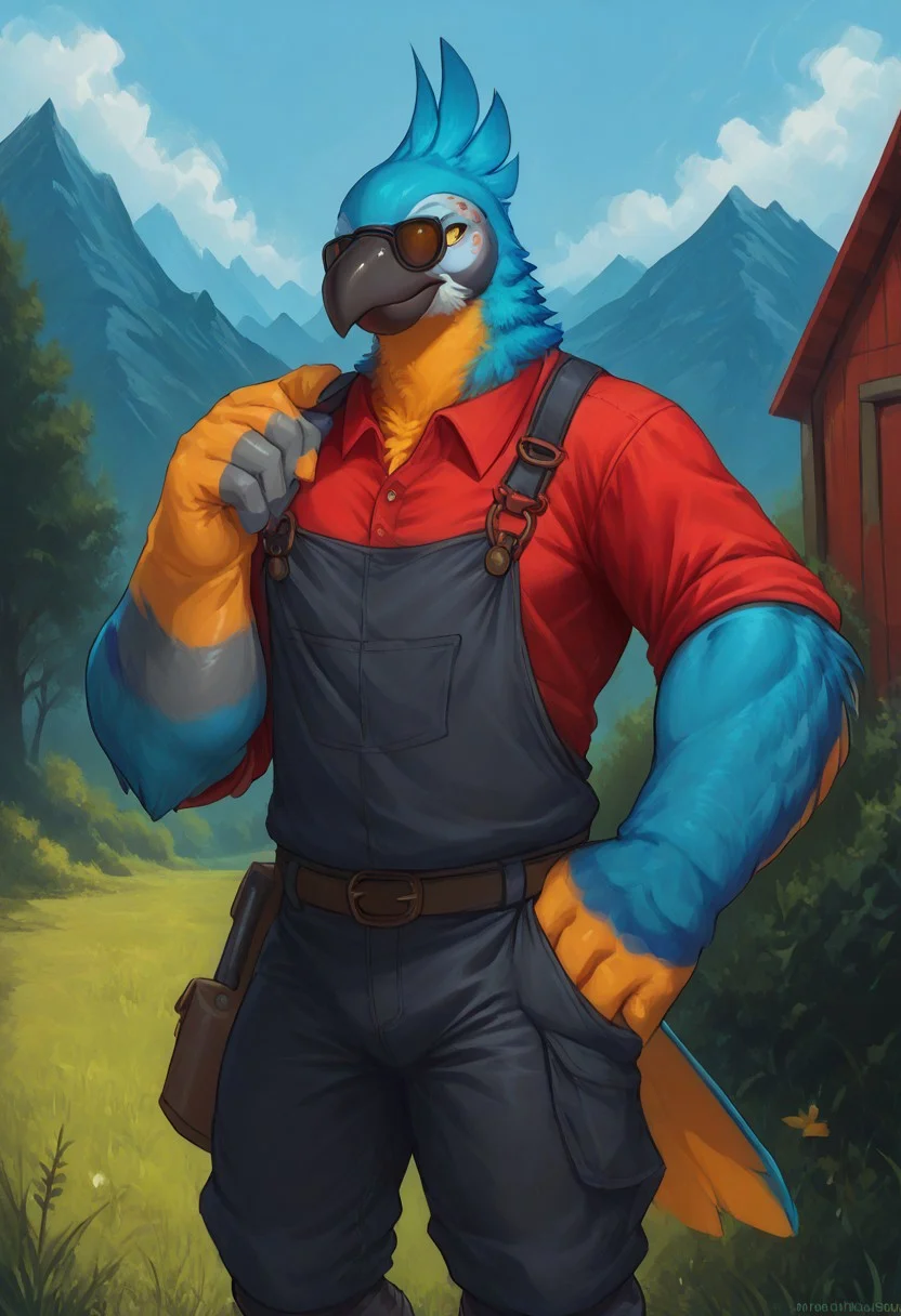score_9, score_8_up, score_7_up, (best quality:1.1), ultra-detailed, high resolution, 8k, male, source_furry, male, solo, solo, tail, avian, KassPXL, anthro, yellow eyes, feathers, muscular:1.3, hunky, clothed, clothing, armored, hardhat, sunglasses, single glove, redengie, red shirt overalls, outdoors, blue barn, dessert, mountains, red barn