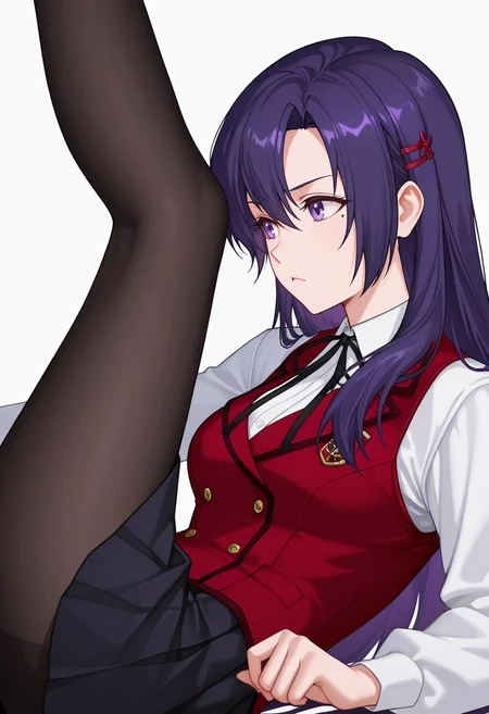Smooth Quality,masterpiece,very intricate, high quality details, ultra realistic, high detailed skin,detailed enviorement,absurdres,
<lora:Rebecca_Bradley_CNR_r1:0.8> rebecca_cnr, purple hair, very long hair, hair between eyes, purple eyes, mole under eye, hairclip, school uniform,white shirt, collared shirt,red vest,black skirt, pleated skirt, long sleeves,black pantyhose, buttons,neck ribbon,, simple background, white background, from side,
reclining, one leg over other, arm on backrest, calm, composed, ,, :<,