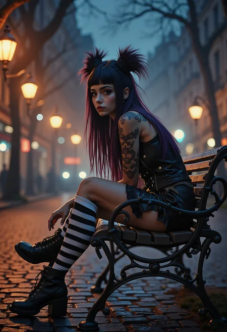 a cute goth girl with long messy colored hair, tantalizing eyes wearing black and white striped knee high socks, sitting on a bench in the middle of Paris at night, surrounded by softly glowing street lamps and shadowy trees that whisper secrets, a slight mist enveloping the scene creating an enchanting yet eerie atmosphere