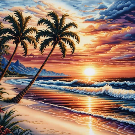 Stunning cross-stitch art, beach sunset, photorealistic, intricate details, warm and vibrant colors, setting sun, reflective ocean waves, palm trees, sandy shore, high contrast, serene and peaceful, fine stitches, glowing light, beautiful gradient sky