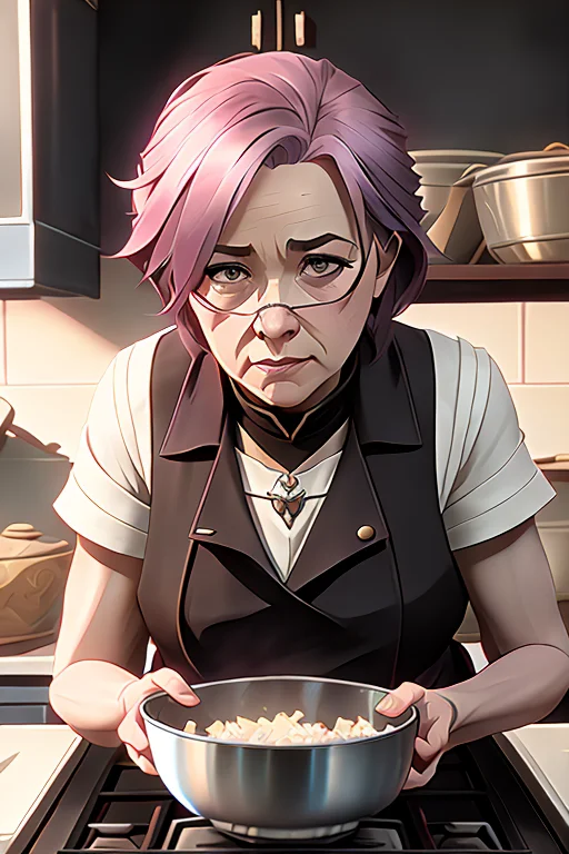 (old woman:1.1), (granny:1.1) cooking in a kitchen, futuristic arcan3v2