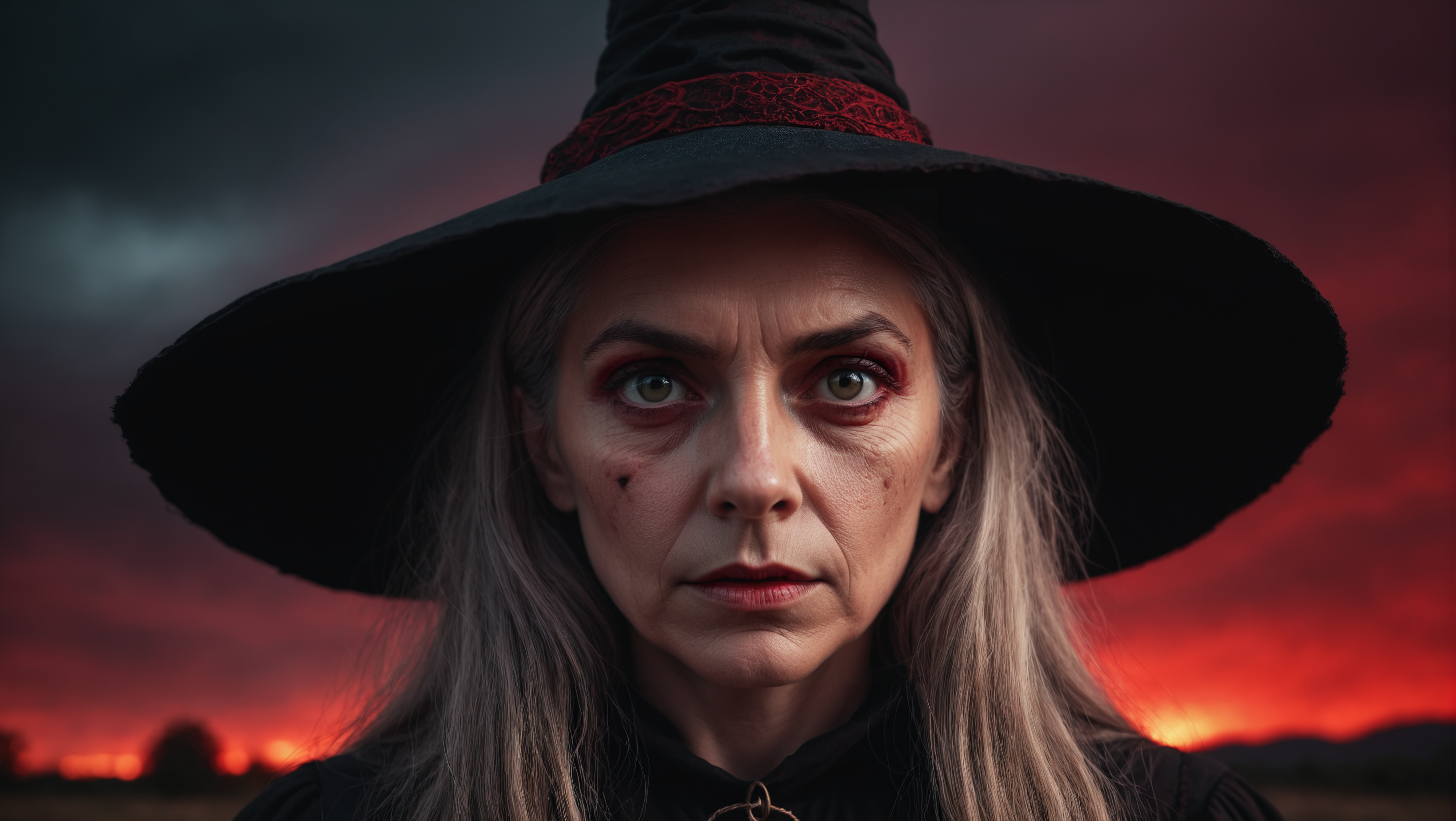 a portrait photo of  a witch looks directly into the camera, red, black sky, ,dramatic light,8k cinematic,
<lora:Landscapes-v1.1:0.8>,