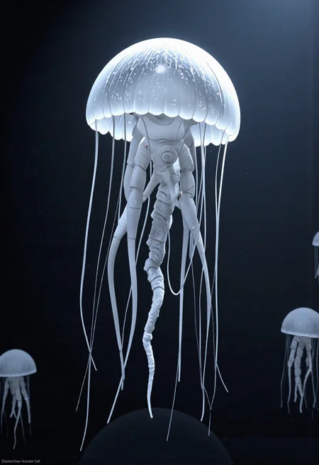 A jellyfish with tentacles formed by wavy lines.,<lora:geometric_shapes_v1.0:1.0>, geometric_shapes, <lora:ck-Sci-Fi-Concepts-000015:0.2>, in the style of ck-sfc, <lora:scifi-robot-flux-v1:0.2>, scifi robot, <lora:scifi-room-flux-v1:0.2>, scifi room, <lora:Sci-fi_env_flux:0.2>, <lora:UNI_FI_NoCAP:0.2>, cinematic lighting, futuristic, sci-fi, plastic, glossy paper, iso150, 35mm, score_9, intricate details, Hyperrealism style, 3d, concept-art, dreaminess, psychedelic, shallow-depth-of-field, cinematic lighting, soft bokeh, very beautiful composition, Unreal, real-time 3D, Epic Games style, Unreal Engine style, 3d-rendering, vibrant contrast depth and shadow enhanced using (Gaussian blur) for a soft background focus, (sharpen filter) applied, (color grading) to enhance contrast between warm and cool tones, (noise reduction) for a smooth, clean finish, (HDR toning) used for extra depth and detail, highly detailed dreamy background detailed skin texture, subsurface scattering award-winning, professional, highly detailed, dreamlike, mysterious, provocative, symbolic, intricate, detailed, hyper-detailed, masterpiece, award winning, midjourneyv6.1