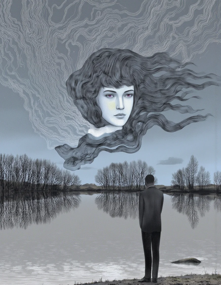 By Anna & Elena Balbusso. A surreal digital illustration shoot from a slightly below camera angle about a surreal landscape with a figure standing by a lake, surrounded by swirling lines and a figure resembling a face. the image also shows a serene lake with reflections of trees in the water. on the middle of the image, a man, who appears to be in his mid-twenties, is standing on the shore of the lake, facing away from the viewer, with his full body visible. he is wearing a black suit and pants, and has a serious expression on his face. his hair is long and flowing, and his eyes are a deep purple color. he has a slim body and is facing the viewer. the background is a gradient of light blue and gray, with a few wispy clouds in the sky, and the lake is calm and still, reflecting the figure and the surrounding landscape. the man is standing with his arms at his sides, and he is not wearing any clothing or pants. the overall mood is one of contemplation and introspection, as if he is lost in thought.