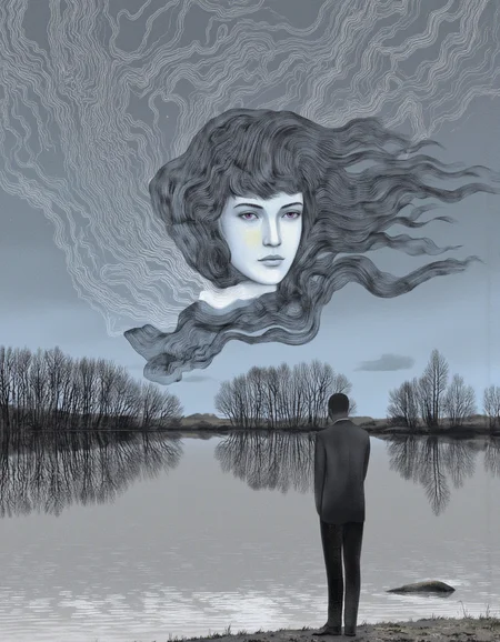 By Anna & Elena Balbusso. A surreal digital illustration shoot from a slightly below camera angle about a surreal landscape with a figure standing by a lake, surrounded by swirling lines and a figure resembling a face. the image also shows a serene lake with reflections of trees in the water. on the middle of the image, a man, who appears to be in his mid-twenties, is standing on the shore of the lake, facing away from the viewer, with his full body visible. he is wearing a black suit and pants, and has a serious expression on his face. his hair is long and flowing, and his eyes are a deep purple color. he has a slim body and is facing the viewer. the background is a gradient of light blue and gray, with a few wispy clouds in the sky, and the lake is calm and still, reflecting the figure and the surrounding landscape. the man is standing with his arms at his sides, and he is not wearing any clothing or pants. the overall mood is one of contemplation and introspection, as if he is lost in thought.