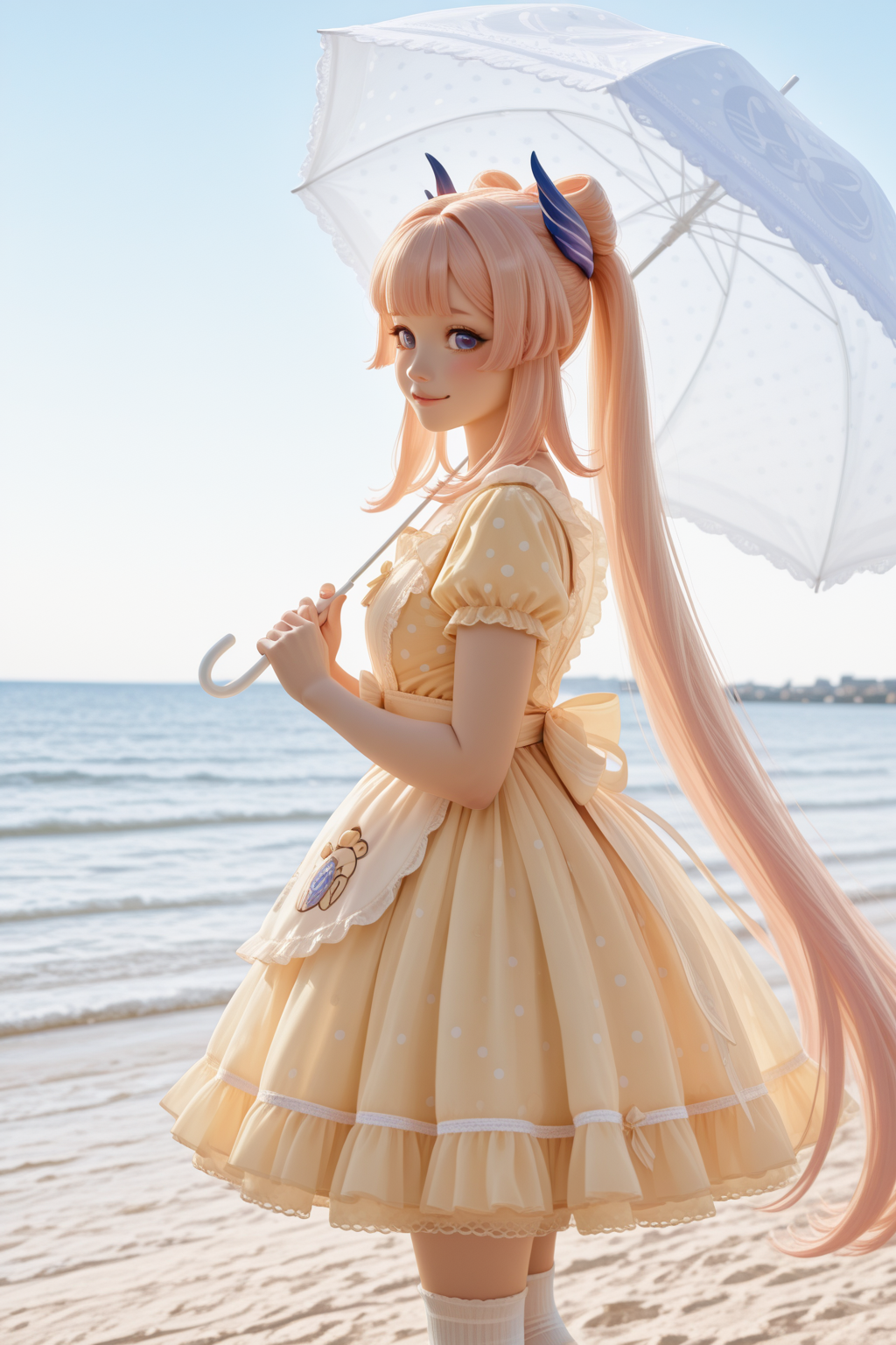 masterpiece, best quality, amazing quality, 1girl, solo, makeup, general, looking at viewer, blush, sunlight, day, beach, smile, bubble, from side, <lora:Sangonomiya_Kokomi_Kokomi:1>, Sangonomiya_Kokomi_Kokomi, very long hair, hair ornament, pink hair, multicolored hair, gradient hair, blunt bangs, bow-shaped hair, purple eyes, vision(genshin impact), sidelocks, blue horns, <lora:PomPomPurinmotifdress:0.9>, PomPomPurinmotifdress, yellow dress, bow, frills, short sleeves, apron, beret, (floppy ears:1.1), polka dot, hair ornament, white socks, ribbon, lace trim, puffy sleeves, mary janes, holding umbrella, <lora:wai-2Rectified-V140:1>, <lora:illustrious_noobai_epsilon_pred_1_masterpieces_v1:1>