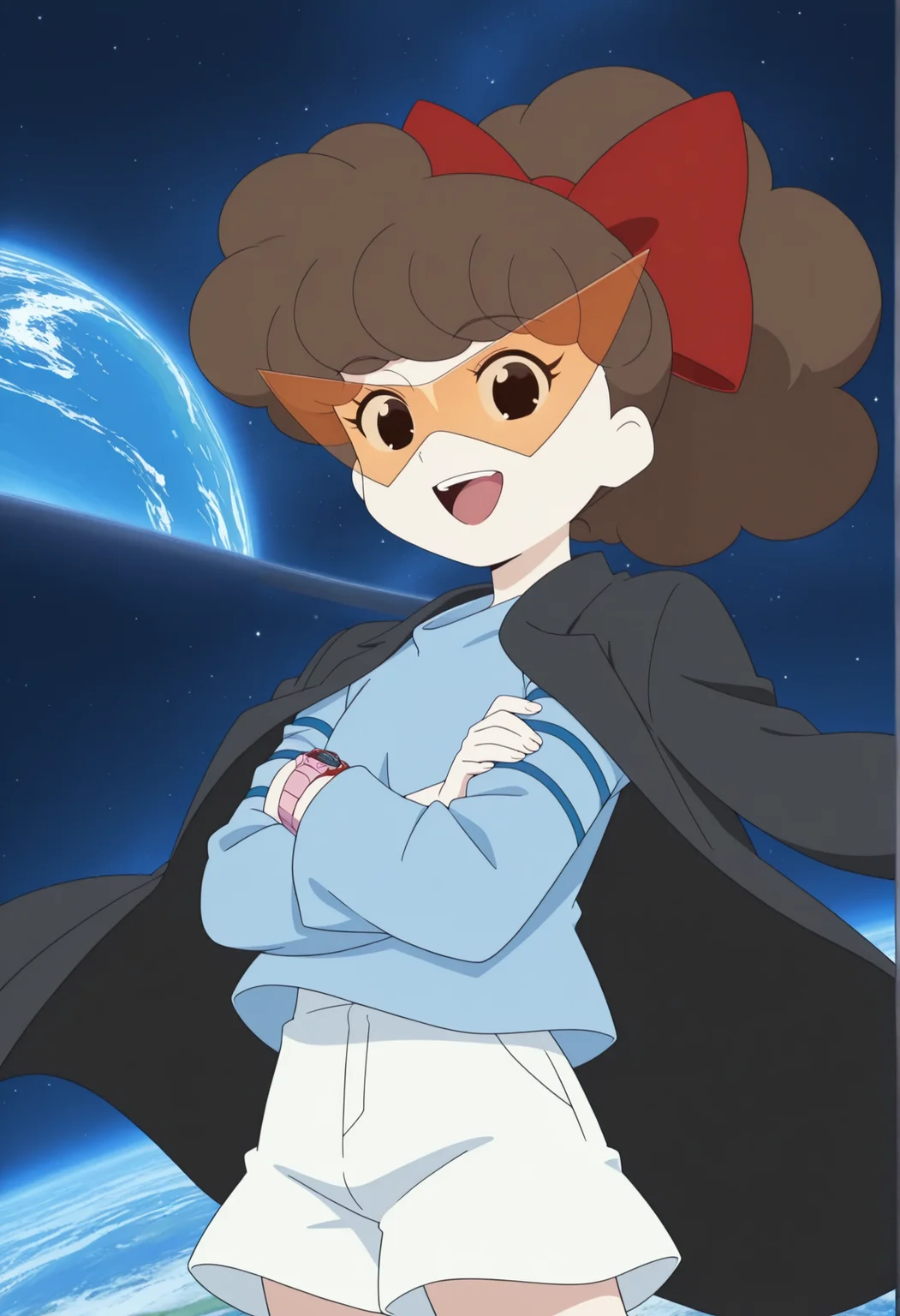 kamina shades, anime screenshot, anime coloring, 1girl, ponytail, long hair, brown hair, black eyes, curly hair, ribbon, blue shirt, long sleeves, wristwatch, white shorts, coat over shoulders, black coat, wind, space, star \(sky\), planet, <lora:suzie_illus:1> smile, open mouth, upper teeth only, crossed arms, looking at viewer,, masterpiece, best quality, amazing quality, very aesthetic, absurdres, highres, newest