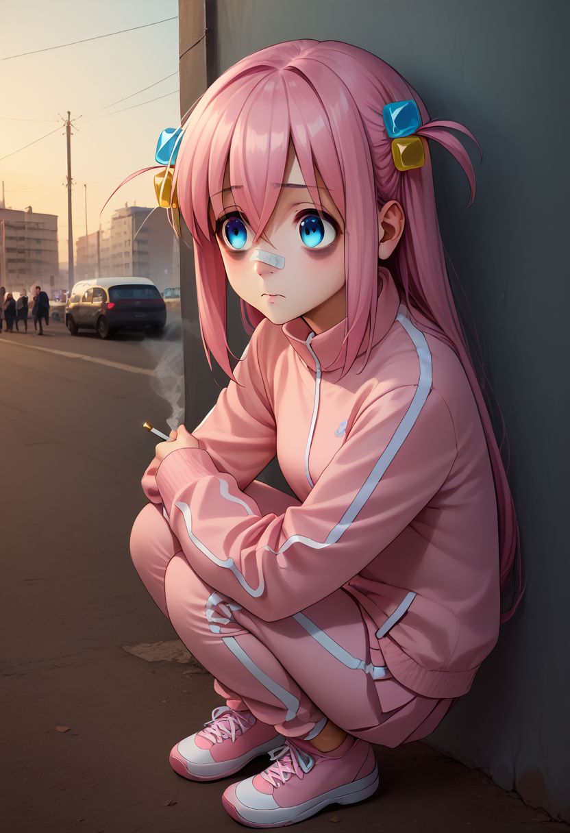 score_9, score_8_up, score_7_up, score_6_up, 1girl, squatting, smoking, fog, realistic, photo, hitori gotou, blue eyes, cube hair ornament, hair between eyes, hair ornament, pink hair, one side up, long hair, jacket, long sleeves, pants, pink jacket, pink pants, pleated skirt, track pants, track suit, city background, bags under eyes, bandage over nose, animeirl
