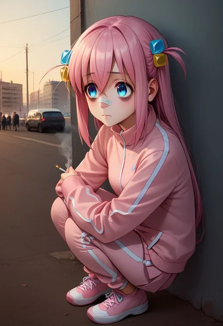 score_9, score_8_up, score_7_up, score_6_up, 1girl, squatting, smoking, fog, realistic, photo, hitori gotou, blue eyes, cube hair ornament, hair between eyes, hair ornament, pink hair, one side up, long hair, jacket, long sleeves, pants, pink jacket, pink pants, pleated skirt, track pants, track suit, city background, bags under eyes, bandage over nose, animeirl
