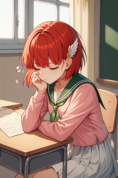 score_9, score_8_up, score_7_up, BREAK <lora:NSPriscillaFE7:1> NSPriscillaFE7, red hair, short hair, wing hair ornament, hand on chin, sitting, desk, sleepy, bubbles, sailor collar, pink shirt, collared shirt, white skirt, school, classroom, indoors