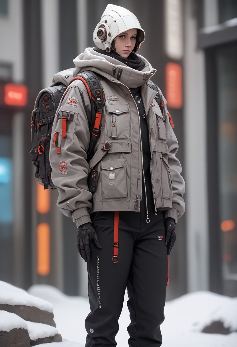 score_9, score_8_up, score_7_up, score_6_up, score_5_up, score_4_up, source_real, cowboy shot, full body, snow, techwear, solo, gloves, long_sleeves, standing, jacket, pants, hood, bag, no_humans, blurry_background, backpack, helmet, robot, mecha, 1other, zipper, science_fiction, realistic, humanoid_robot, Vivid Colors, high Contrast,