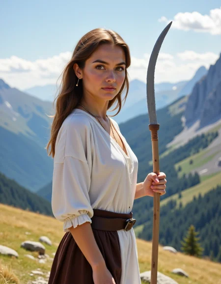Dacian a woman with a falx and a white shirt is standing in front of a mountain. <lora:DaciiV6:1>