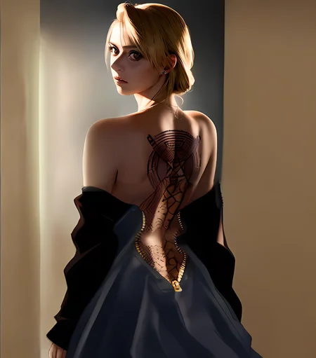 physically-based rendering photo of (pixel-Riza:1.2), pretty face, ( looking over her shoulder,:1.6) blonde hair (pixel-Riza-Back:1.1), looking at the camera, red tattoo, sad face, japanese, award-winning photography, detailed face, backlight, ultrarealistic, cinematic lighting, RAW photo, 8k uhd, film grain, cosplay, dslr, (8k, RAW photo, best quality, masterpiece:1.2), (realistic, photo-realistic:1.37), ultra-detailed, (high detailed skin:1.2), 8k uhd, dslr, soft lighting, high quality, film grain, Fujifilm XT3, professional lighting, photon mapping, radiosity,