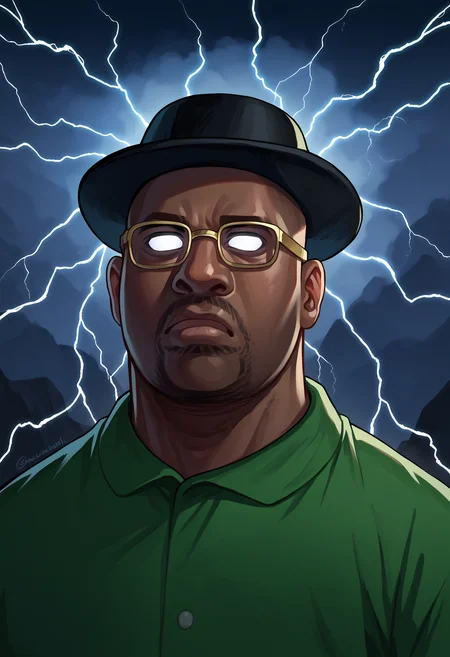 score_9, score_8_up, source_anime, 1boy, incrslowtier, <lora:KYS_XLPD:1.3>, electricity, upper body, glowing eyes, no eyes, expressionless, <lora:BigSmoke_XLPD:0.8> BigSmoke, black eyes, dark-skinned male, facial hair, glasses, black headwear, green shirt,