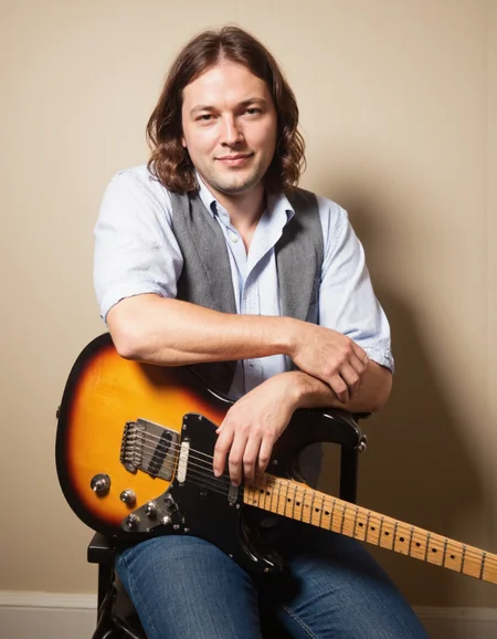 <lora:DAVID_GILMOUR:1>This photograph features a man sitting in a relaxed pose, leaning slightly forward with his arms crossed. He has shoulder-length, dark brown hair that falls naturally around his face. The man is wearing a light blue, short-sleeved button-up shirt with vertical stripes, paired with a grey, sleeveless vest. He is also wearing blue jeans. His expression is calm and slightly smiling.
In front of him, on a black chair, lies an electric guitar with a distinctive sunburst finish, transitioning from a dark brown at the head to a lighter yellow at the body. The guitar's neck is positioned towards the man, with the body resting on the chair. The man's right hand is placed on the guitar, suggesting he may be a musician or enthusiast.
The background consists of a plain, light beige wall, providing a neutral backdrop that highlights the subject. The lighting is soft and even, casting gentle shadows and highlighting the textures of the man's clothing and the guitar. The overall mood of the photograph is casual and intimate, capturing a moment of relaxed enjoyment.