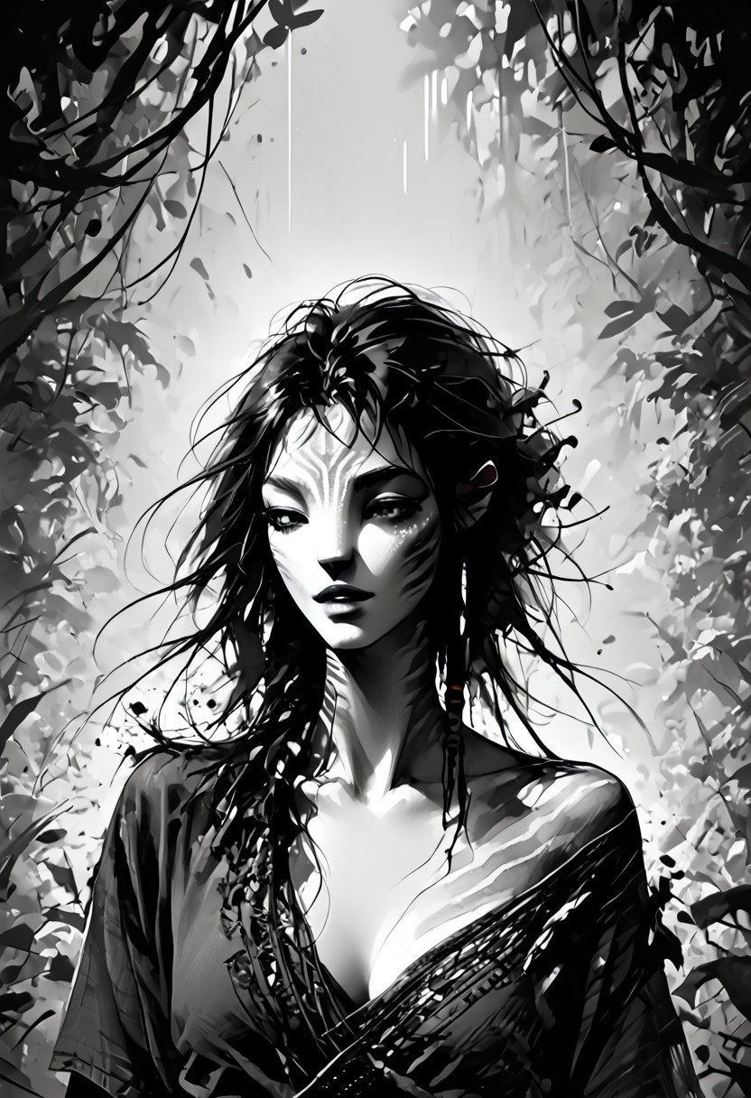 score_9, score_8_up, score_7_up, source_anime, monochromemuse, Expressiveh, monochrome, greyscale, ink splatter, (Avatar navi alien with white skin and black stripes), primitive revealing tunic made of vines and leaves, off shoulder, cleavage, parted lips, light smile, vibrant blue lipstick,