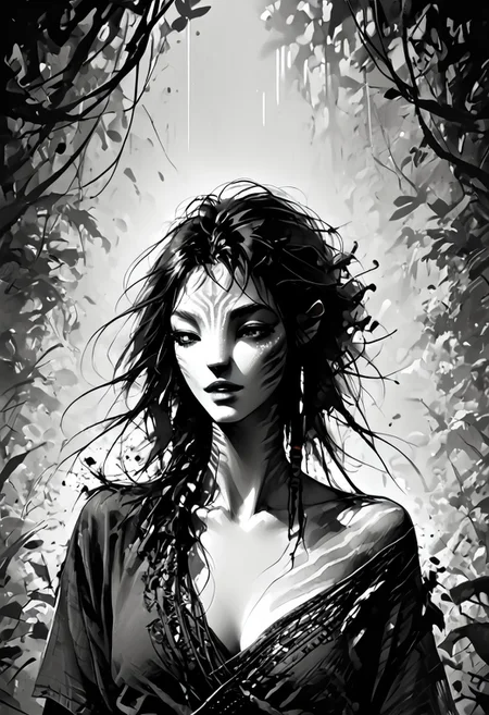 score_9, score_8_up, score_7_up, source_anime, monochromemuse, Expressiveh, monochrome, greyscale, ink splatter, (Avatar navi alien with white skin and black stripes), primitive revealing tunic made of vines and leaves, off shoulder, cleavage, parted lips, light smile, vibrant blue lipstick,