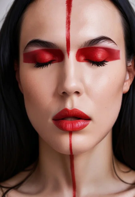 score_9, score_8_up, score_7_up,
4ngul4rm43keupf4c3p41nt, angularmakeupfacepaint, Angular Makeup Face Paint,, 1girl, solo, long hair, simple background, black hair, collarbone, closed eyes, parted lips, lips, makeup, facial mark, lipstick, pale skin, portrait, realistic, red lips, facepaint