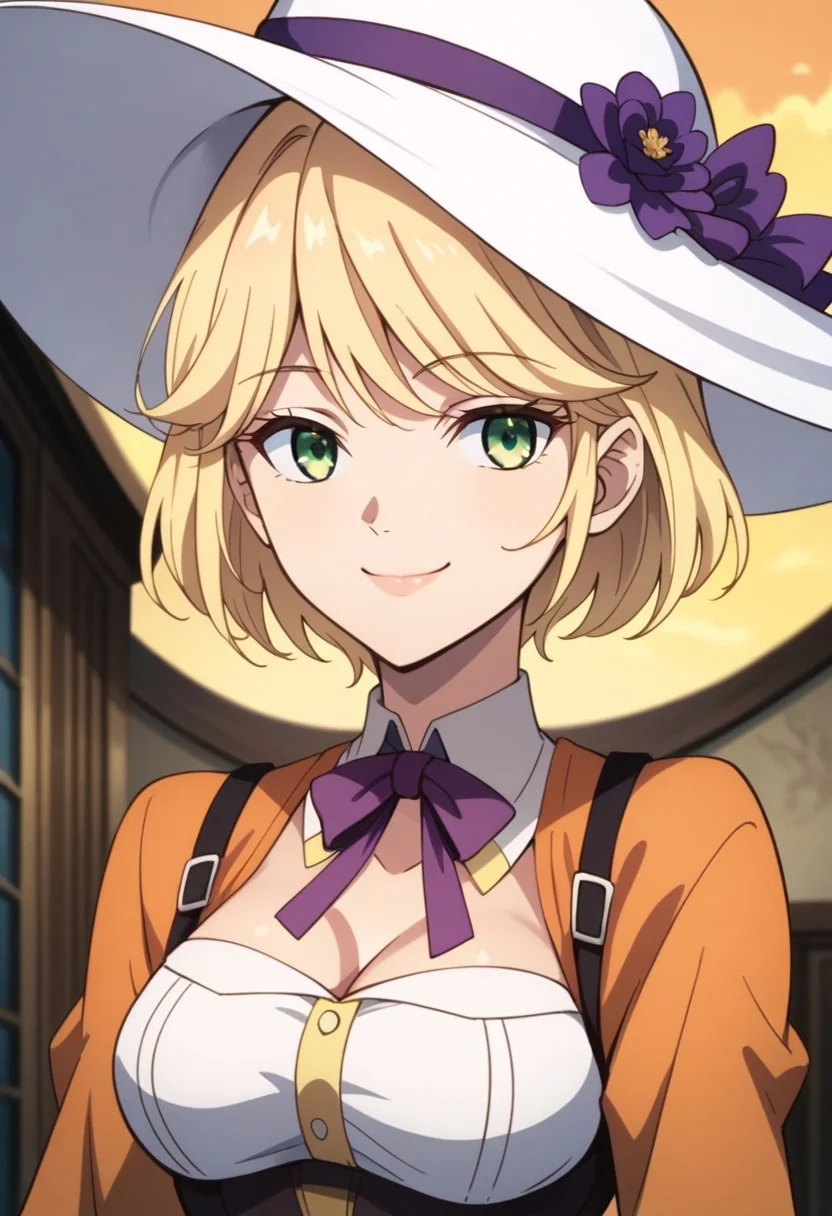 score_9, score_8_up, score_7_up, source_anime, TARTE (THE WORLD'S FINEST ASSASSIN), 1girl, solo, looking at viewer, smile, short hair, bangs, blonde hair, hat, dress, bow, ribbon, closed mouth, green eyes, upper body, neck ribbon, white headwear, sun hat, purple bow, purple ribbon