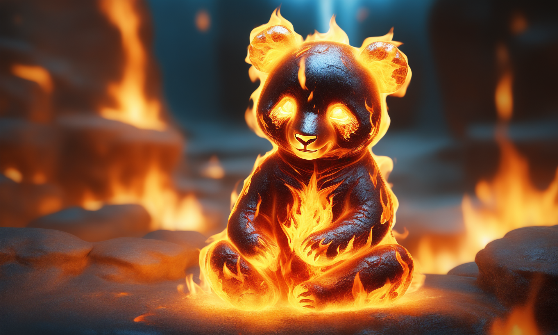 <lora:firecd_xl-000017:0.6>,a transparent fire elemental panda made of (firecd_xl,raging flames:1.2,burning) in hell,fire eyes,fire hairs,fire body,splash fire,no humans,long-focus,tilt-shift,outdoors,on molten rock,full body,chinese zodiac,cutie,cute,still life,front view,facing viewer,looking at viewer,ethereal fantasy concept art,magnificent,epic,majestic,magical, emotional,harmonious,high budget,moody,epic,gorgeous,perfect lighting,realistic,photorealistic,photographic,photo (medium),real,moody lighting,volumetric lighting,reality ray tracing,8K,HDR,UHD,masterpiece,best quality,highly detailed,high resolution,finely detail,extremely detailed,ultra detailed,wallpaper
