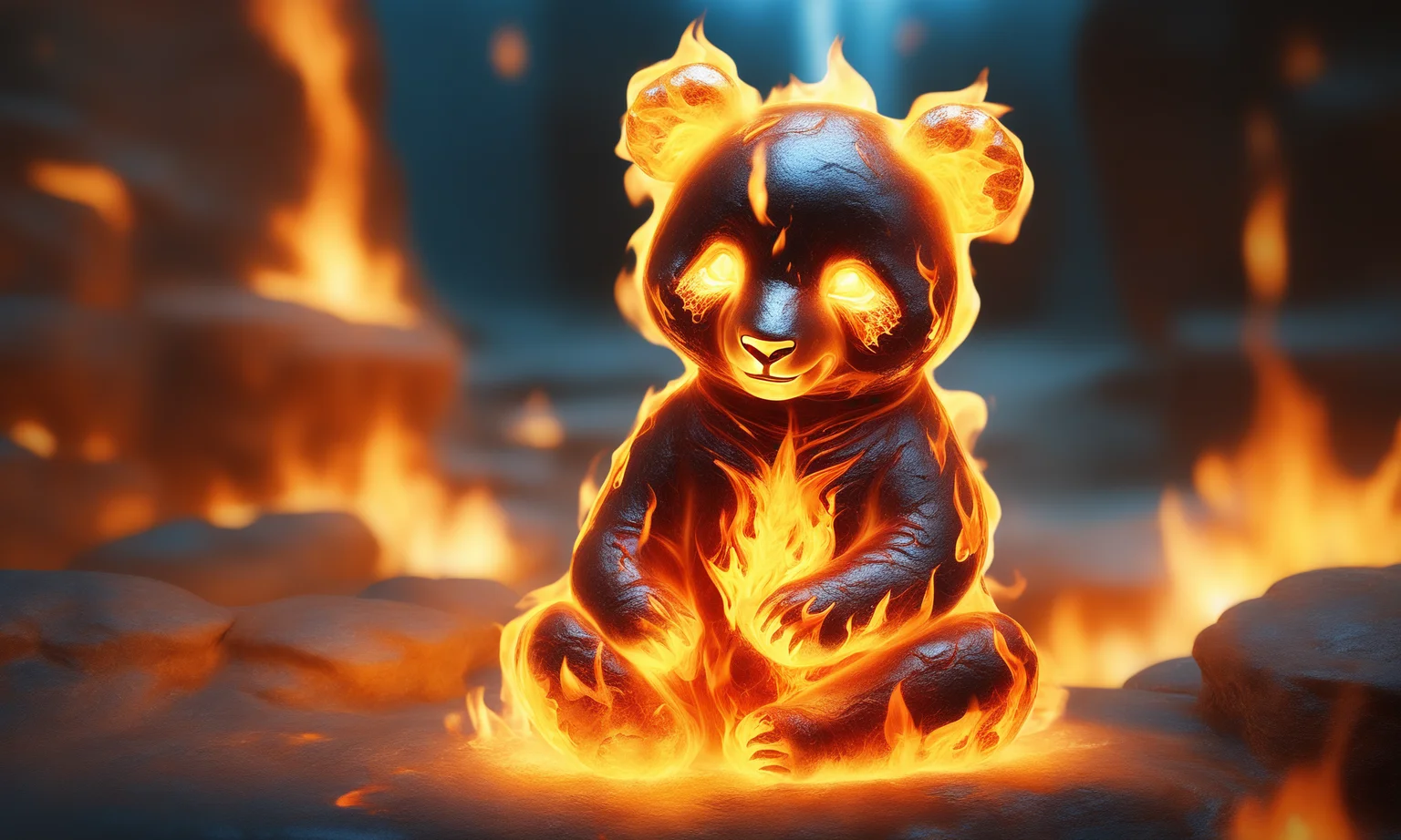<lora:firecd_xl-000017:0.6>,a transparent fire elemental panda made of (firecd_xl,raging flames:1.2,burning) in hell,fire eyes,fire hairs,fire body,splash fire,no humans,long-focus,tilt-shift,outdoors,on molten rock,full body,chinese zodiac,cutie,cute,still life,front view,facing viewer,looking at viewer,ethereal fantasy concept art,magnificent,epic,majestic,magical, emotional,harmonious,high budget,moody,epic,gorgeous,perfect lighting,realistic,photorealistic,photographic,photo (medium),real,moody lighting,volumetric lighting,reality ray tracing,8K,HDR,UHD,masterpiece,best quality,highly detailed,high resolution,finely detail,extremely detailed,ultra detailed,wallpaper