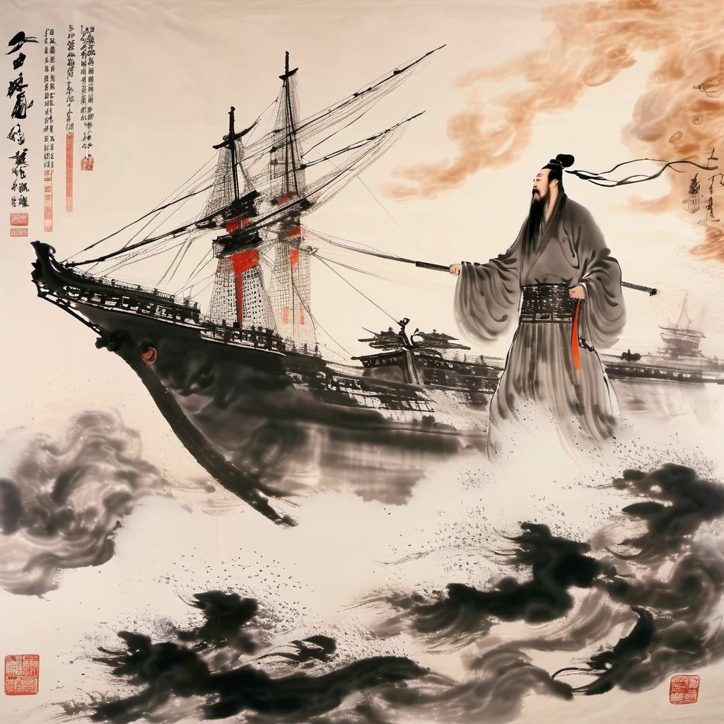 ink-painting, The ancient Chinese poet Li Bai stands on a battleship and directs its guns to fire.<lora:Ath_ink-paintingXL:1>,