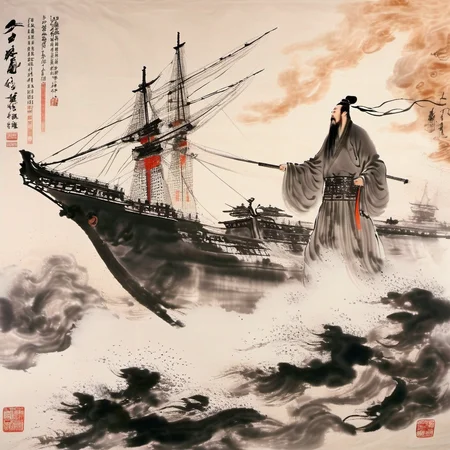 ink-painting, The ancient Chinese poet Li Bai stands on a battleship and directs its guns to fire.<lora:Ath_ink-paintingXL:1>,