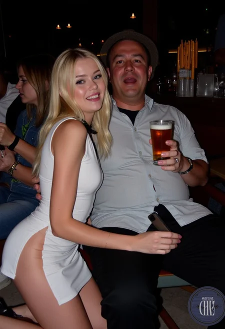 amateur photo, low-lit, overexposure, Low-resolution photo, shot on a mobile phone, nighttime, noticeable noise in dark areas. young woman, 18 yo (european:1.6) girl , grey eyes, slim, small breasts, skinny, thin, petite blonde, grey eyes, long hair, dark eyeliner, natural lip color, black collar, white open-sided dress, high heels, seductive pose, right hand holding beer. Girl laughs ,sitting cudle with old african man,The background shows crowded pub with people drinking, muted color tones.
.