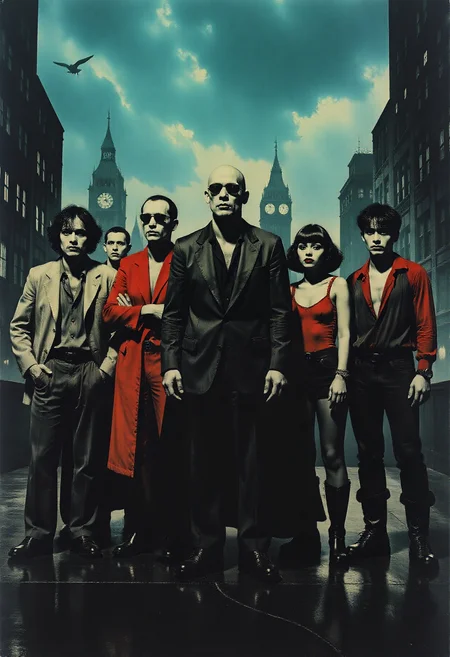 A group photo of the superheroes from the film "Watchmen," based on Alan Moore's graphic novel, captures the dark and gritty mood of the story. The characters stand together in their distinctive costumes, each reflecting their complex personalities. Dr. Manhattan, glowing blue with an otherworldly presence, stands in the center, towering over the others. To his side, Rorschach wears his iconic trench coat and mask, while the Comedian grips a cigar, exuding confidence and cynicism. Silk Spectre and Nite Owl stand closer together, their postures hinting at their bond, while Ozymandias stands apart, gazing thoughtfully into the distance. The backdrop is an ominous cityscape, with stormy skies and a brooding atmosphere, amplifying the tension between the heroes.