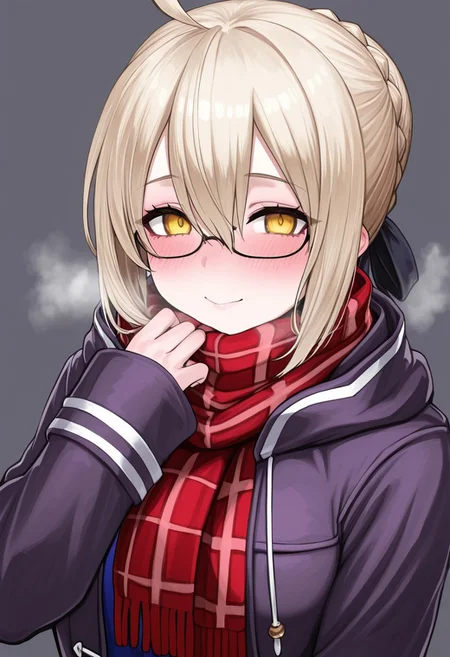 H1r0n3,masterpiece, best quality, amazing quality, intricate details, looking at viewer, mature female, plump,
1girl, solo, artoria pendragon \(fate\), mysterious heroine x alter \(fate\), hair between eyes, blonde hair, looking at viewer, mysterious heroine x alter \(first ascension\) \(fate\), ahoge, scarf, smile, upper body, braid, plaid scarf, blush, bangs, plaid, closed mouth, red scarf, yellow eyes, grey background, sidelocks, hair ribbon, jacket, sleeves past wrists, breath, open clothes, coat