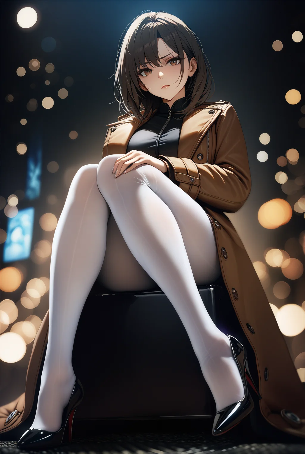 masterpiece,((perfect female body)),looking at viewer,skindentation,
beautifully detailed background,
narrow waist,
SK_CINEMATIC,ZIP2D,1girl,milf,white pantyhose,
panorama,curvy,feet,sitting,<lora:0Dpantyhose:0.6>,0dpantyhose,full body,from below,disdain,contempt,serious,high heels,coat,