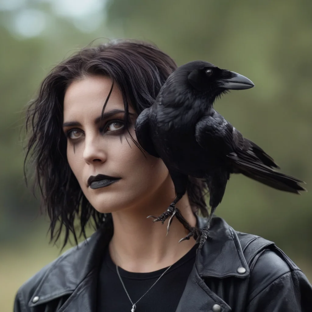 cinematic film still of <lora:graphic novel style:1.2>
Female version of Eric Draven choppy hair a woman with a crow on her shoulder In graphic novel style, shallow depth of field, vignette, highly detailed, high budget, bokeh, cinemascope, moody, epic, gorgeous, film grain, grainy