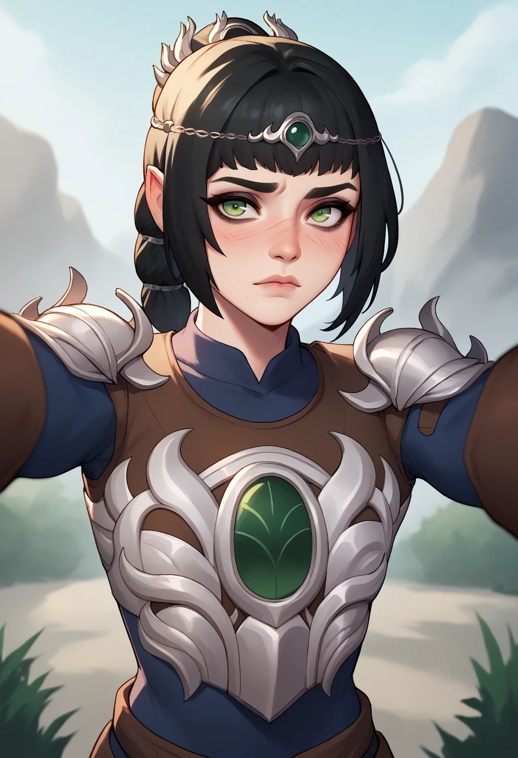 score_9, score_8_up, score_7_up, score_6_up, score_5_up, score_4_up, BREAK,
1girl, shadowheart, black hair, braided ponytail, green eyes, circlet, armor, kabedonpov, facegrabpov, blush, upper body, looking at viewer, solo, outdoors <lora:GrabbingViewerXL:1> <lora:ShadowHeartXL:1>