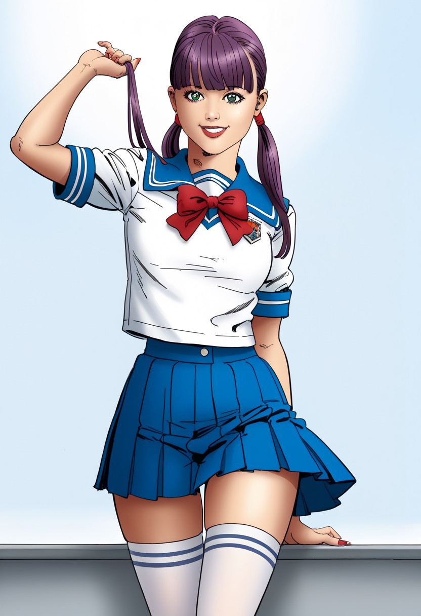 score_9, score_8_up, score_7_up, score_6_up,  (chiaroscuro lighting)  source_cartoon, cartoon, (f3rn4nd0:1.3), (line art).  BREAK. 
hikari, angel,purple hair,green eyes, long hair, twintails,bangs, blunt bangs, short twintails, low twintails,  asian woman, adult woman, beautiful woman, curvy woman, very wide hips, thin thighs, thigh gap, sexy, face focus, cute face, very detailed facial features, perfect nose, extremely detailed eyes, extremely detailed iris, small breasts, perfect breasts, 
dress, school uniform dress, white dress, pleated dress, white thighhigh stockings, red bow,
smiling, looking at viewer, 
solo, (white background:1.2)
